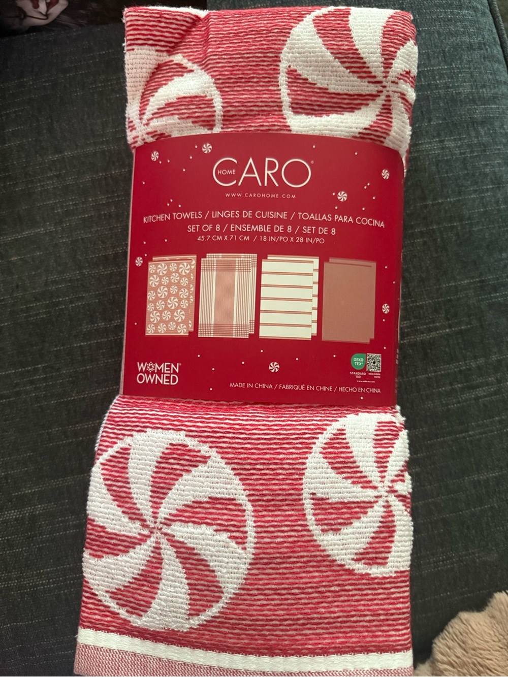 Cotton kitchen towels, Caro Home, Holiday Peppermint Candy Cane design 8-pack